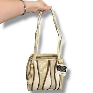 NWT Via Piaggi Croc-Embossed Taupe Shoulder Bag w/ Tassel